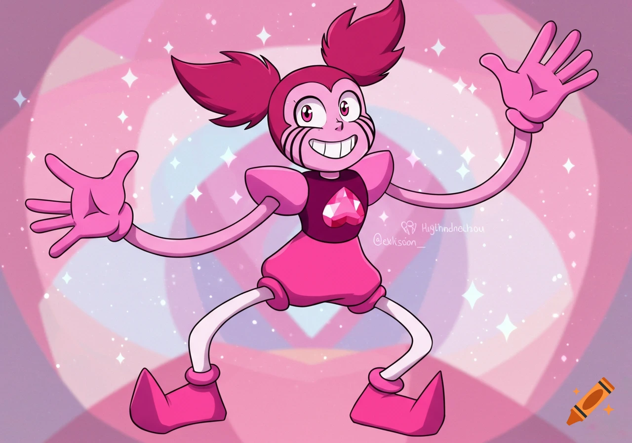 Spinel, a pink cartoon character with pigtails, smiles with wide arms against a sparkling pink background.