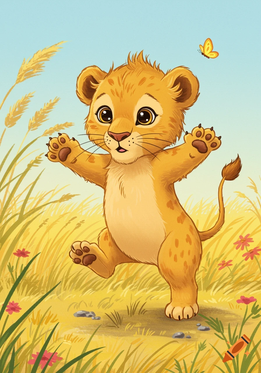 A cute cartoon lion cub stands playfully in a field of golden grass with a butterfly flying above.