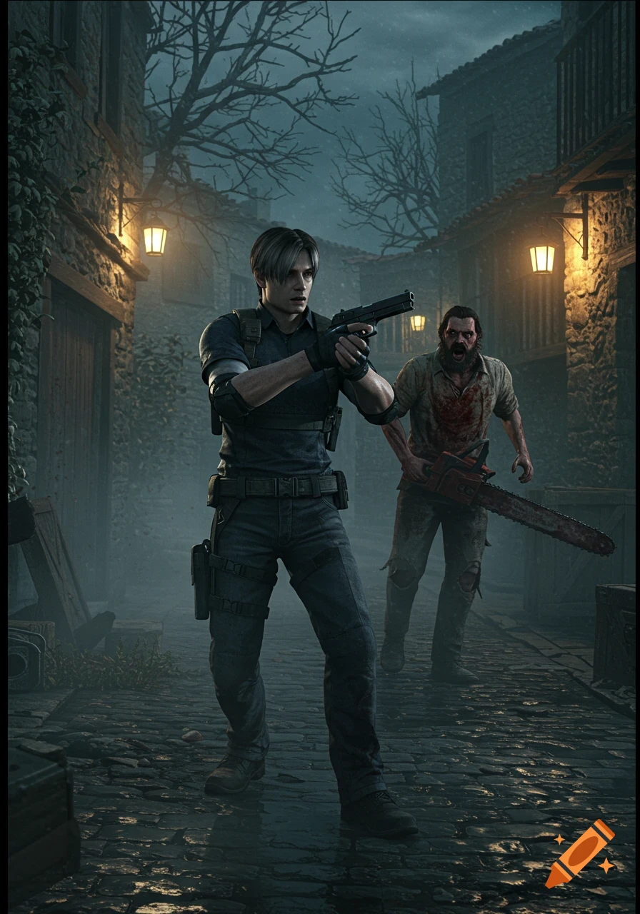 Leon Kennedy aims a gun in a foggy, dark village as a bloodied chainsaw villager lurks behind him. Realistic horror scene.