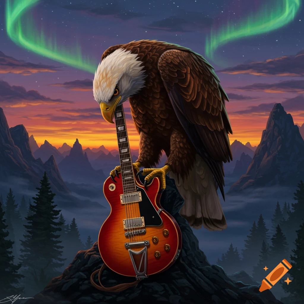 A bald eagle stands on a rock, holding a red and yellow Les Paul guitar by its headstock with its beak and by the body with its talons. Behind it, mountains are silhouetted against an orange and purple sunset sky, with a green aurora borealis arcing across the dark sky.