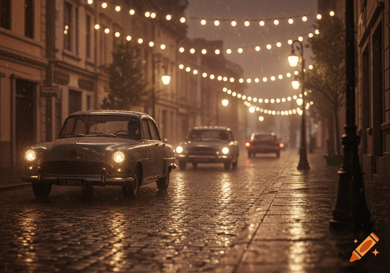 Vintage cars drive on a wet cobblestone street at night, illuminated by string lights and street lamps in the rain.
