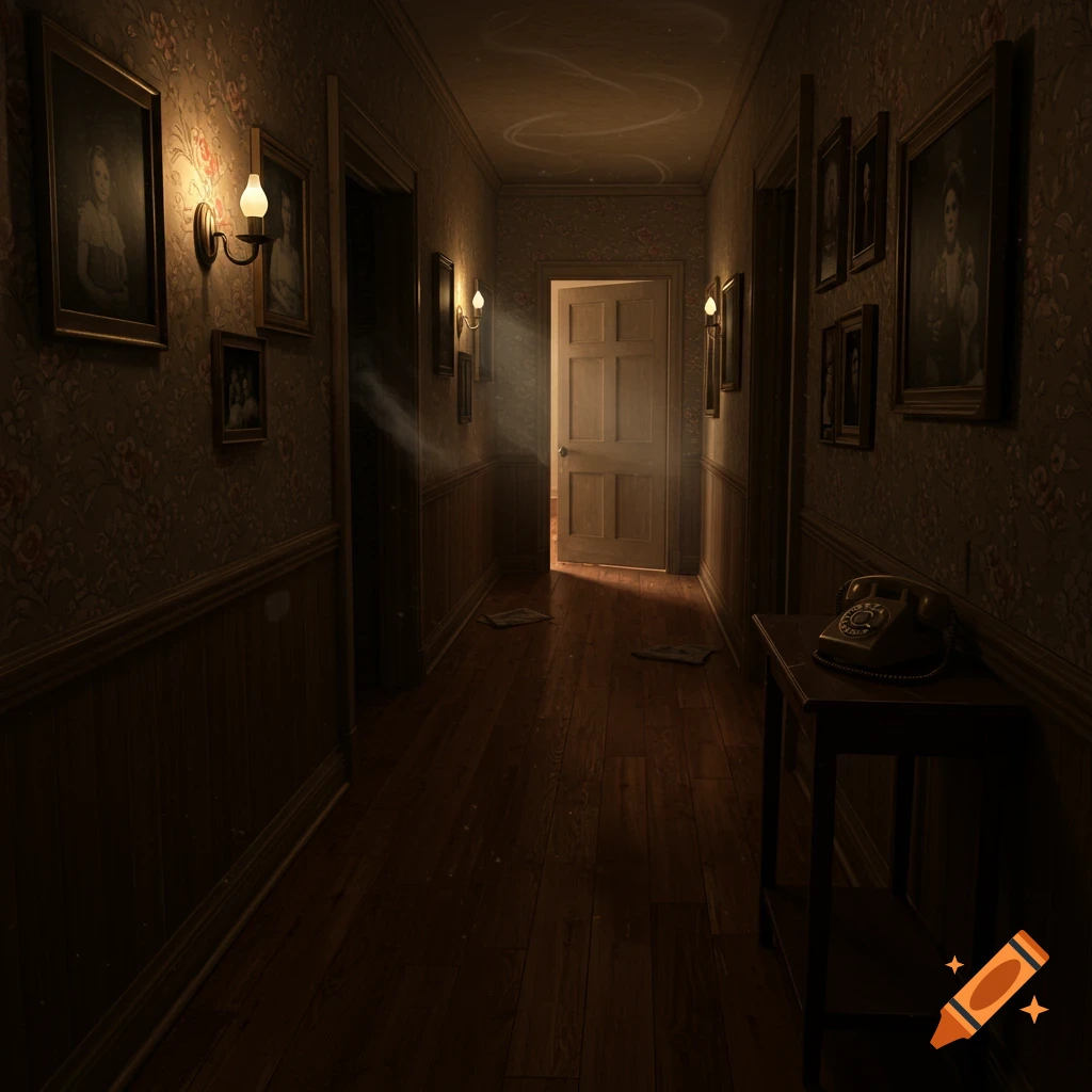 A dark, dimly lit hallway in an old house with wooden floors, floral wallpaper, framed portraits, and wall sconces. A door at the end is slightly ajar with light spilling in. An old rotary phone sits on a table in the foreground. Faint ghostly wisps are visible.