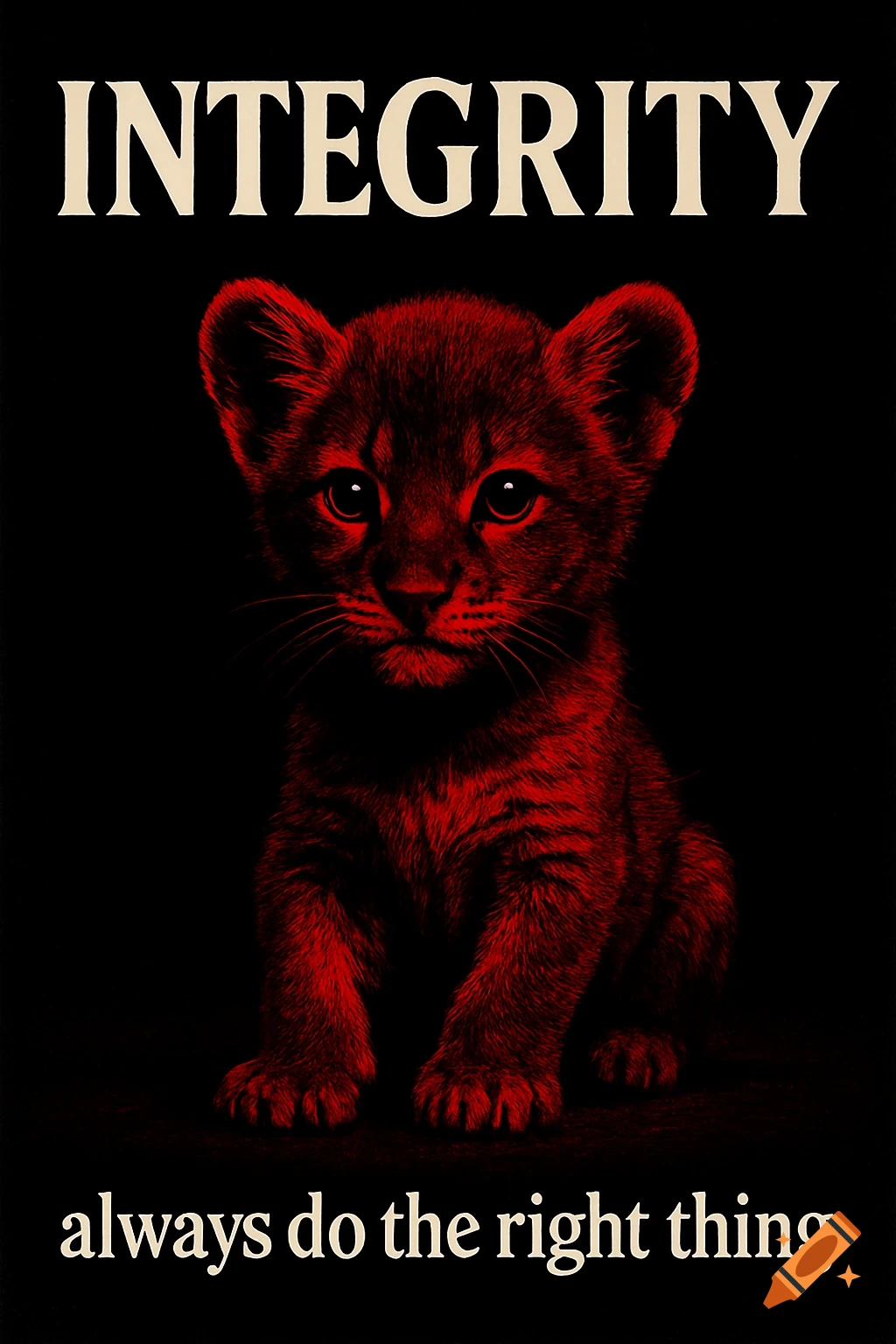 A red and black stylized poster featuring a cute baby cub, with the text INTEGRITY at the top and always do the right thing at the bottom.