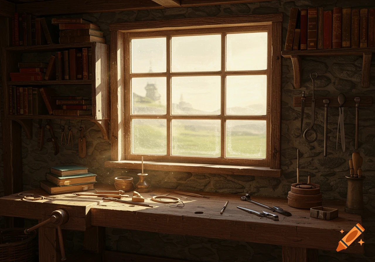 A sunlit rustic workshop or study featuring a window, a workbench with tools, and bookshelves with books.