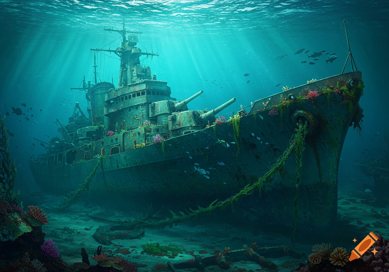 A majestic sunken warship rests on the ocean floor, covered in rust and marine growth, with sunlight streaming through the clear blue water.