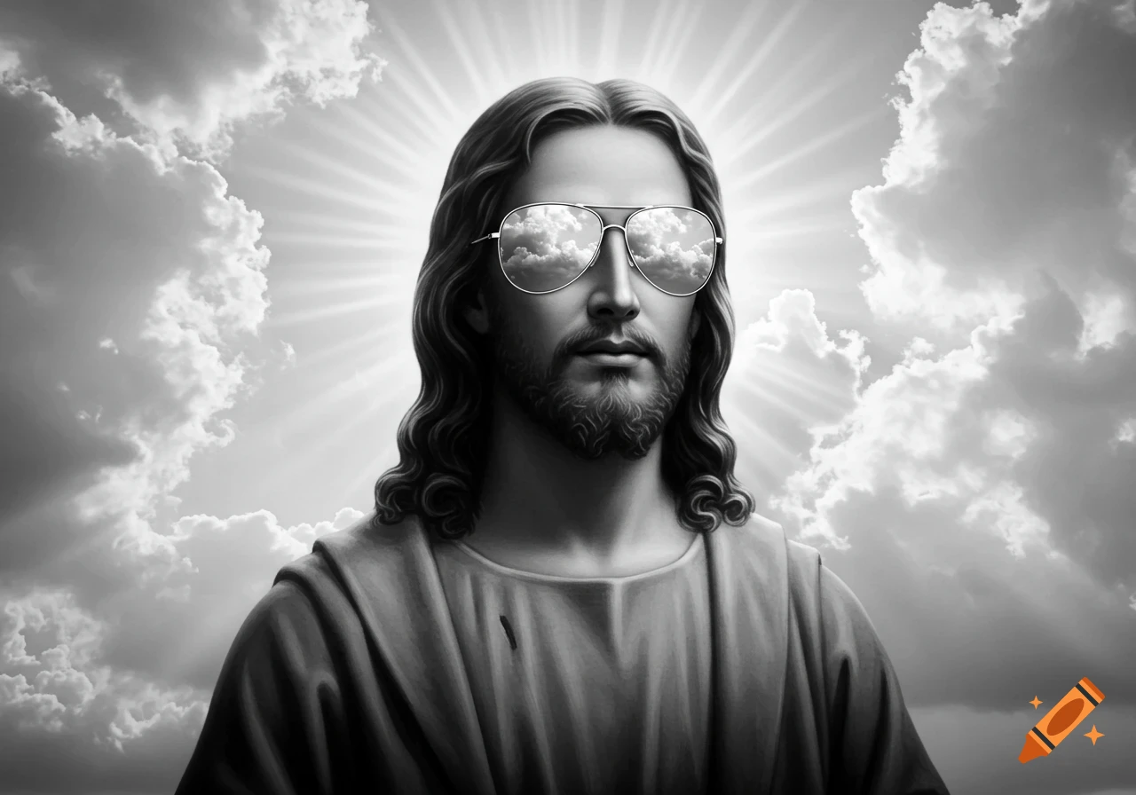 Black and white portrait of Jesus wearing aviator sunglasses against a cloudy, radiant sky.