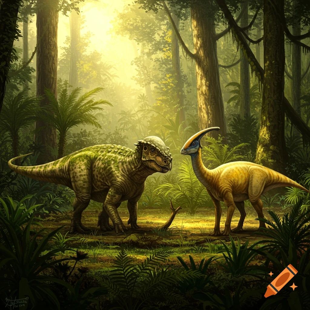 A Pachycephalosaurus and a Parasaurolophus stand in a lush, sunlit prehistoric jungle with tall trees and dense foliage.
