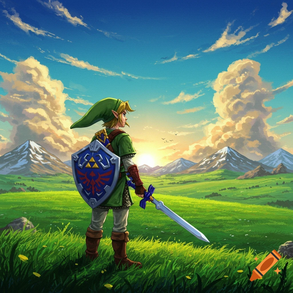 Link, from The Legend of Zelda, stands on a grassy hill overlooking a vast green landscape with mountains under a blue sky and sunrise.