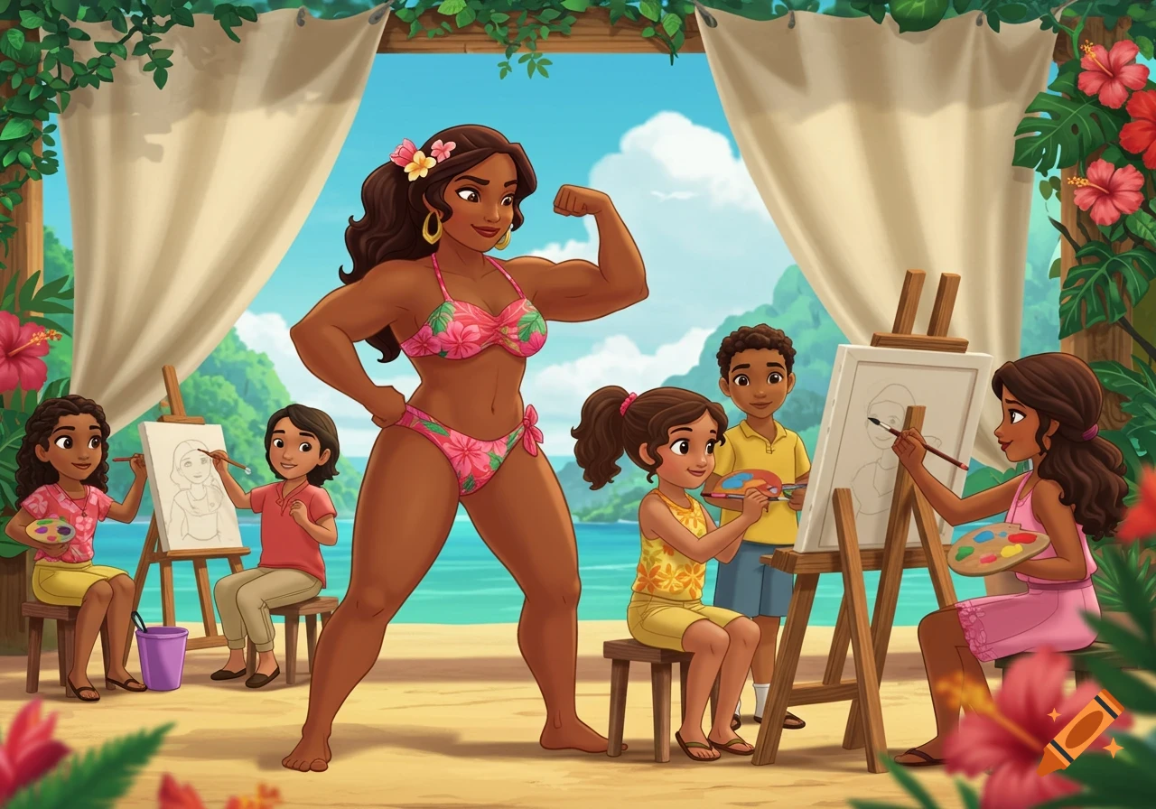 A muscular woman in a pink bikini poses for her children who are drawing her on easels at a tropical beach, in a cartoon style.