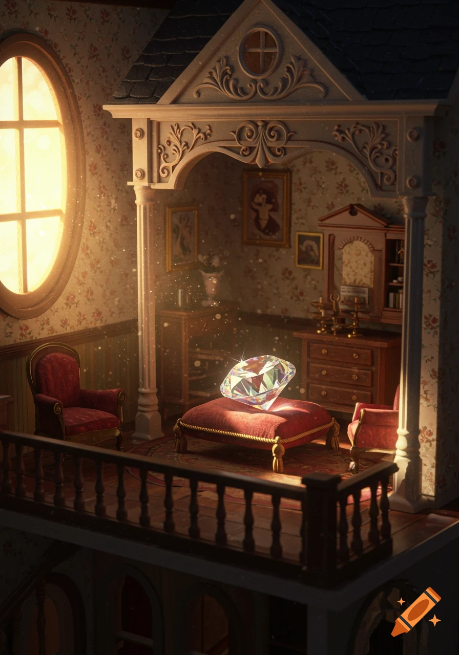 Sunlit, ornate dollhouse interior with patterned wallpaper, red chairs, and a large sparkling gem on a velvet ottoman.