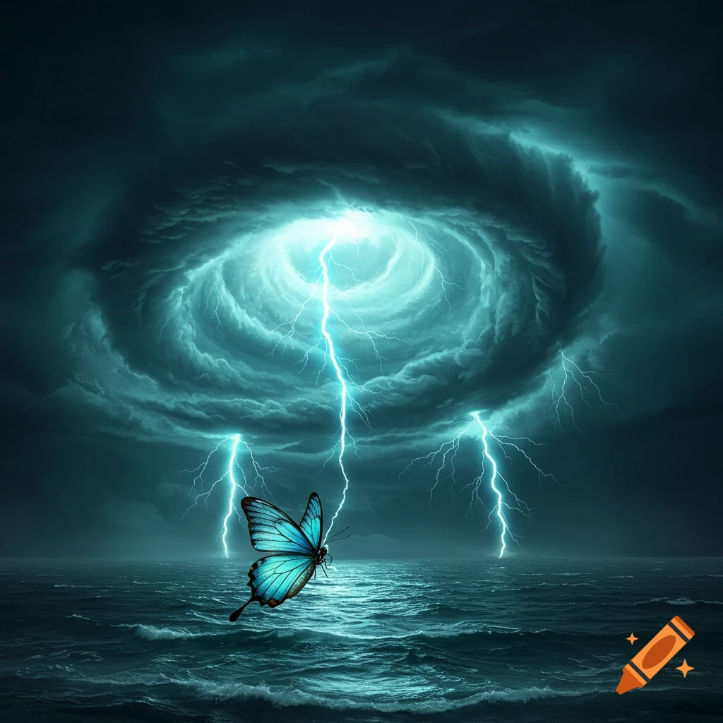 A blue butterfly flies over a dark, turbulent ocean under a swirling, lightning-filled typhoon sky.