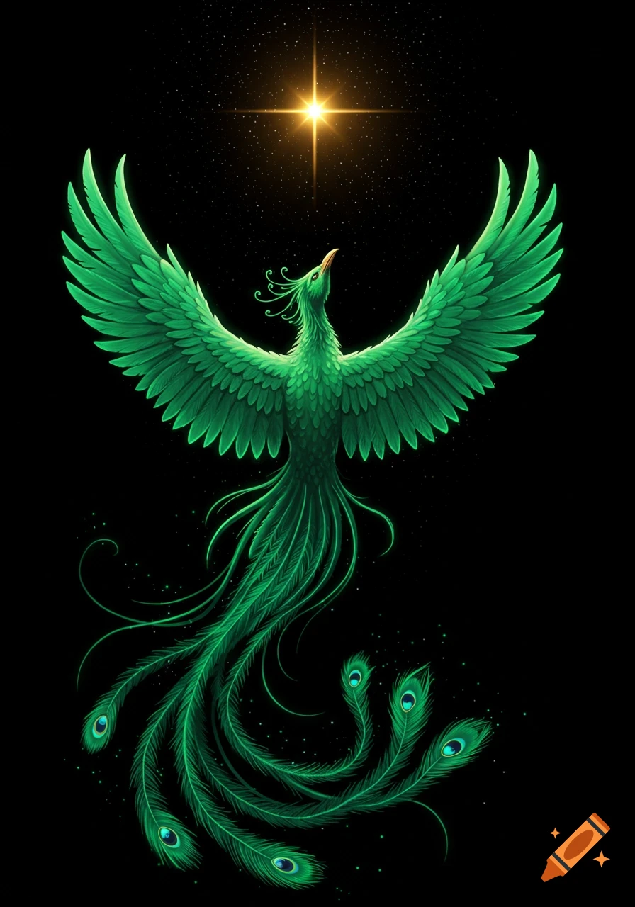 A vibrant green phoenix with spread wings looks up at a glowing golden star against a dark, starry sky.