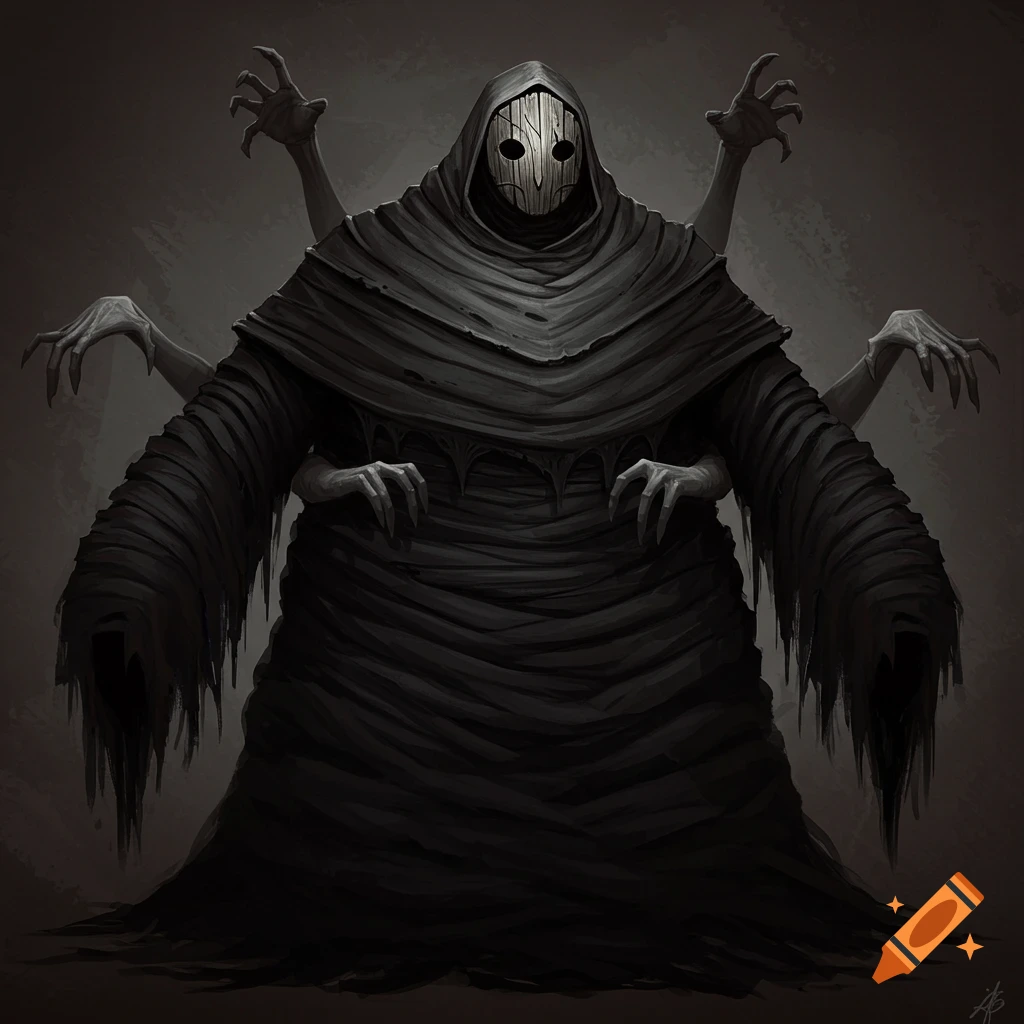 A cloaked, multi-armed creature wearing a wooden owl-like mask, with tattered dark grey and black robes, in a dark fantasy illustration style.