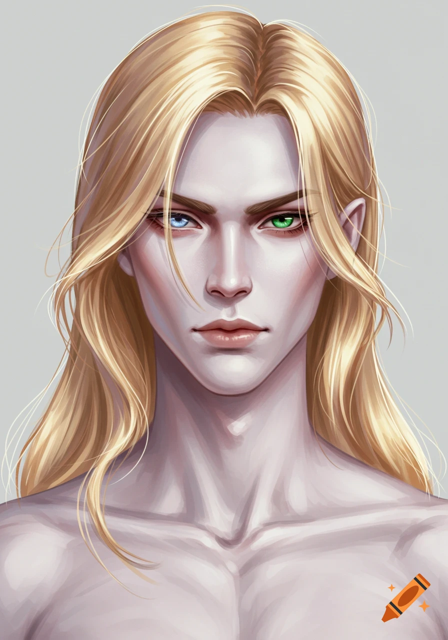 A digital painting of a pale, long-haired male figure with one blue eye and one green eye, looking intensely forward.
