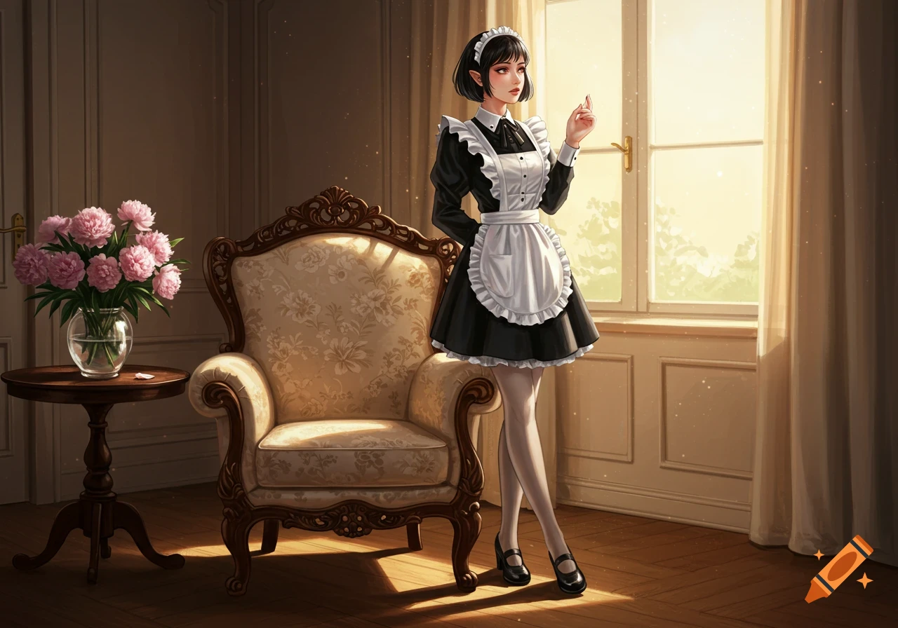 An anime-style maid with dark bob hair and pointy ears stands in a sunlit room next to an ornate armchair and pink flowers.