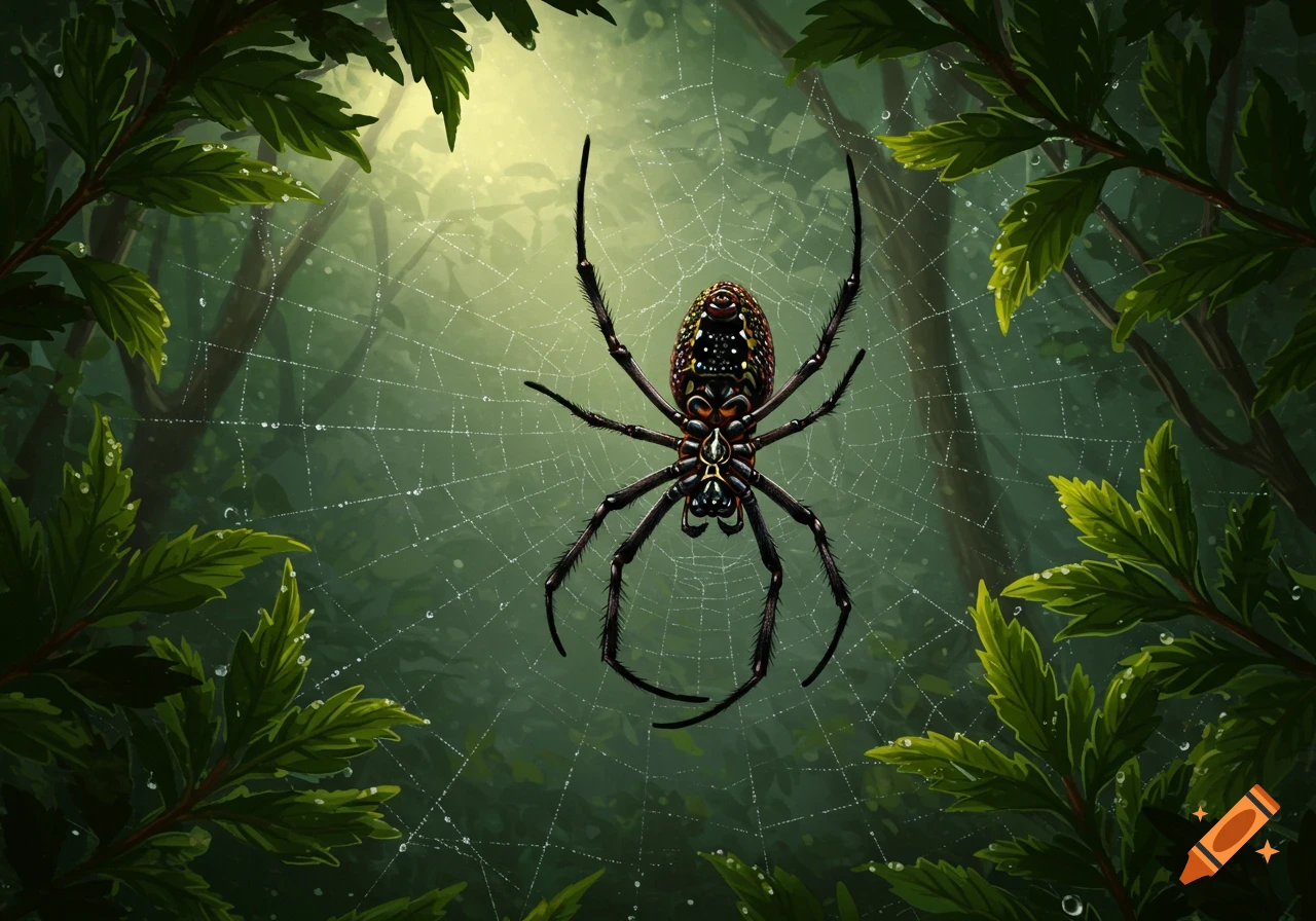 A colorful spider with a black and yellow patterned body sits in a dew-covered web in a lush forest.