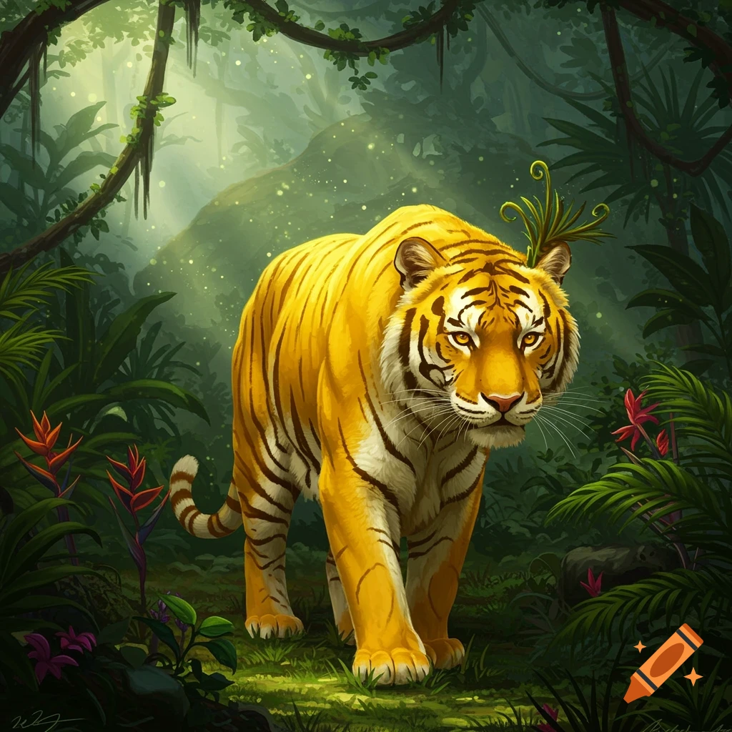 A golden tiger with stripes walks through a lush, sunlit jungle with glowing particles in a fantasy art style.