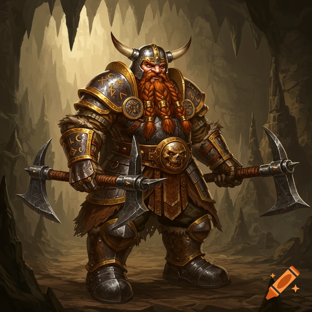 A heavily armored dwarf fighter with a braided red beard, holding two war picks in a cave.