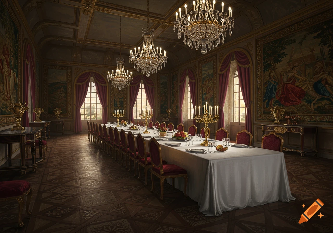 An ornate, candlelit banquet hall with a long table covered in a white cloth, set for a formal dinner. Grand chandeliers hang from the ceiling, and large tapestries adorn the walls. Sunlight streams through tall windows.