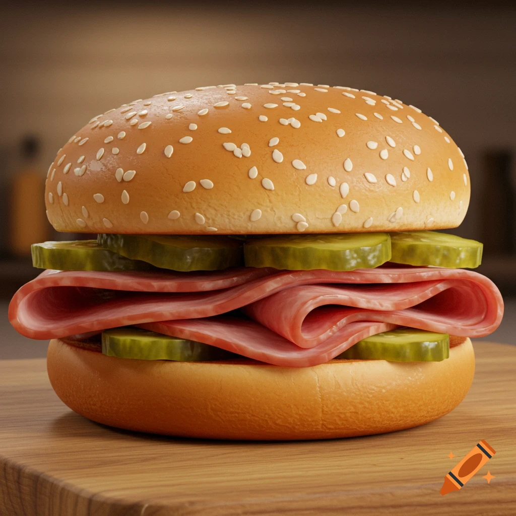 A photorealistic burger with slices of ham and pickles on a sesame seed bun, on a wooden cutting board.