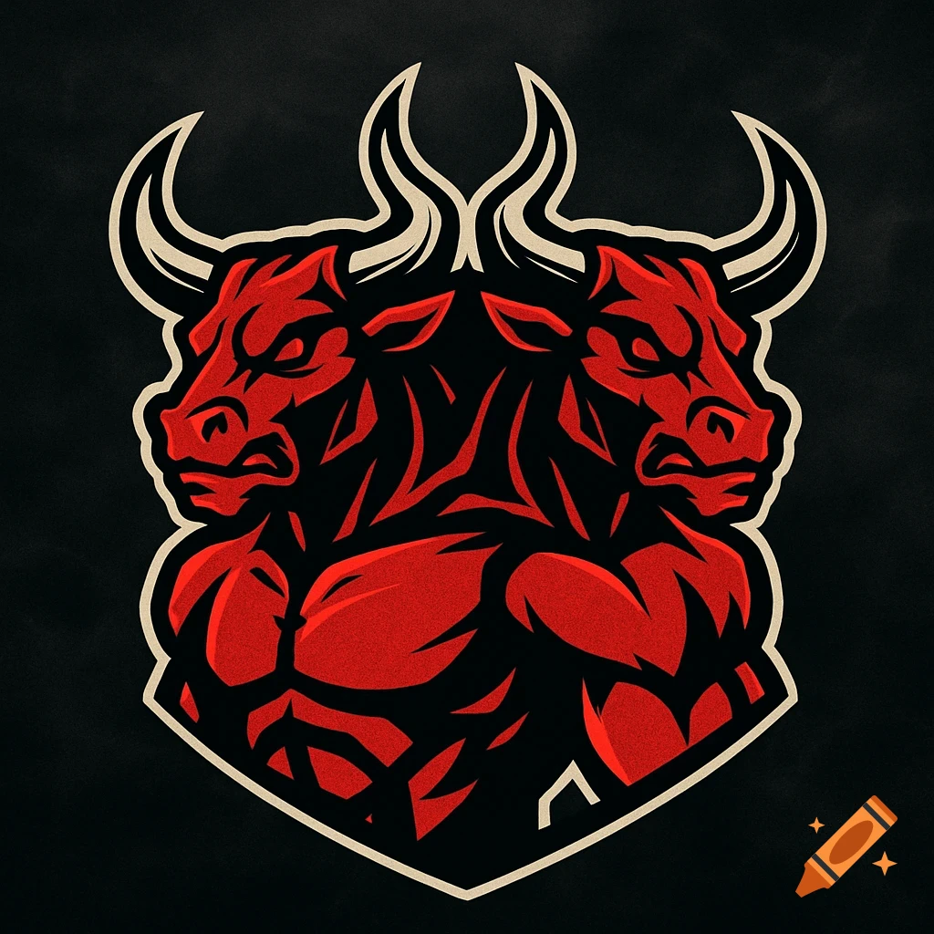 A red stylized two-headed bull or minotaur head sports logo on a dark background.
