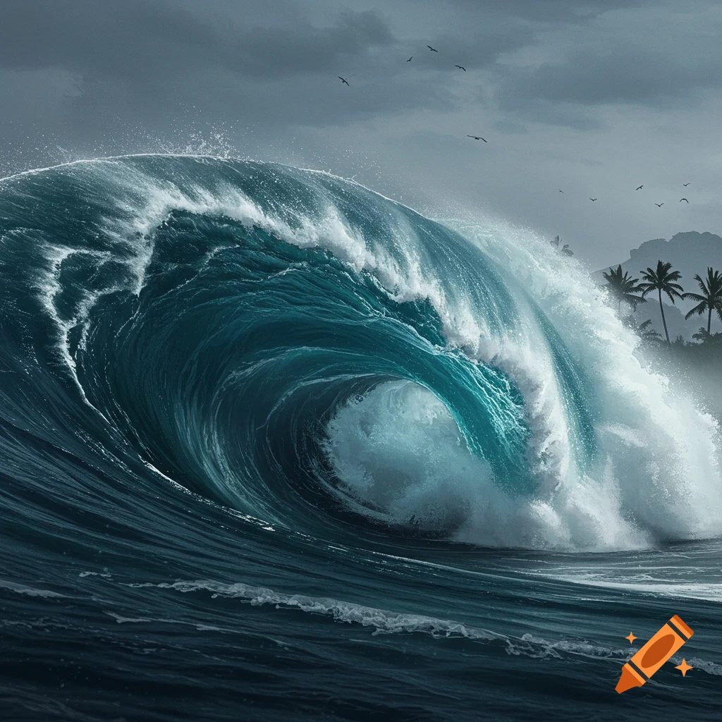 A large, powerful blue-green wave with white foam breaking under a stormy sky, with distant palm trees on an island.