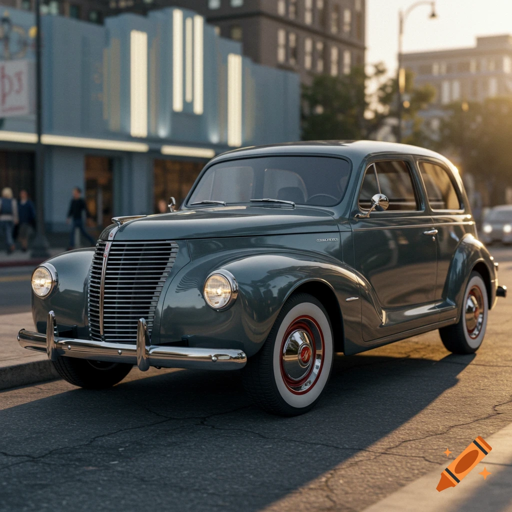 A vintage dark green car with white wall tires and red hubs is parked on a city street bathed in warm, golden hour sunlight. Buildings are in the background.