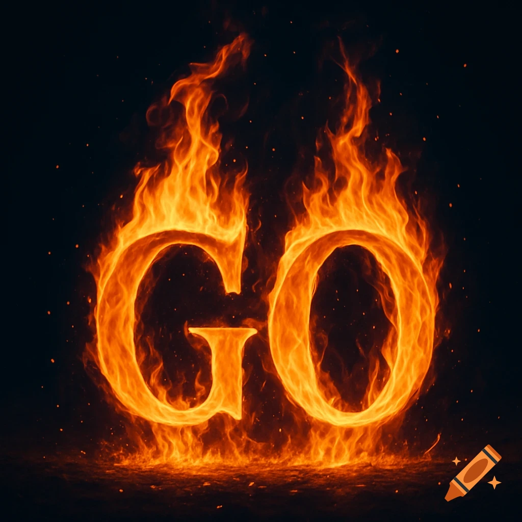 The word 'GO' rendered in bright orange and yellow flames against a dark background, with embers rising.