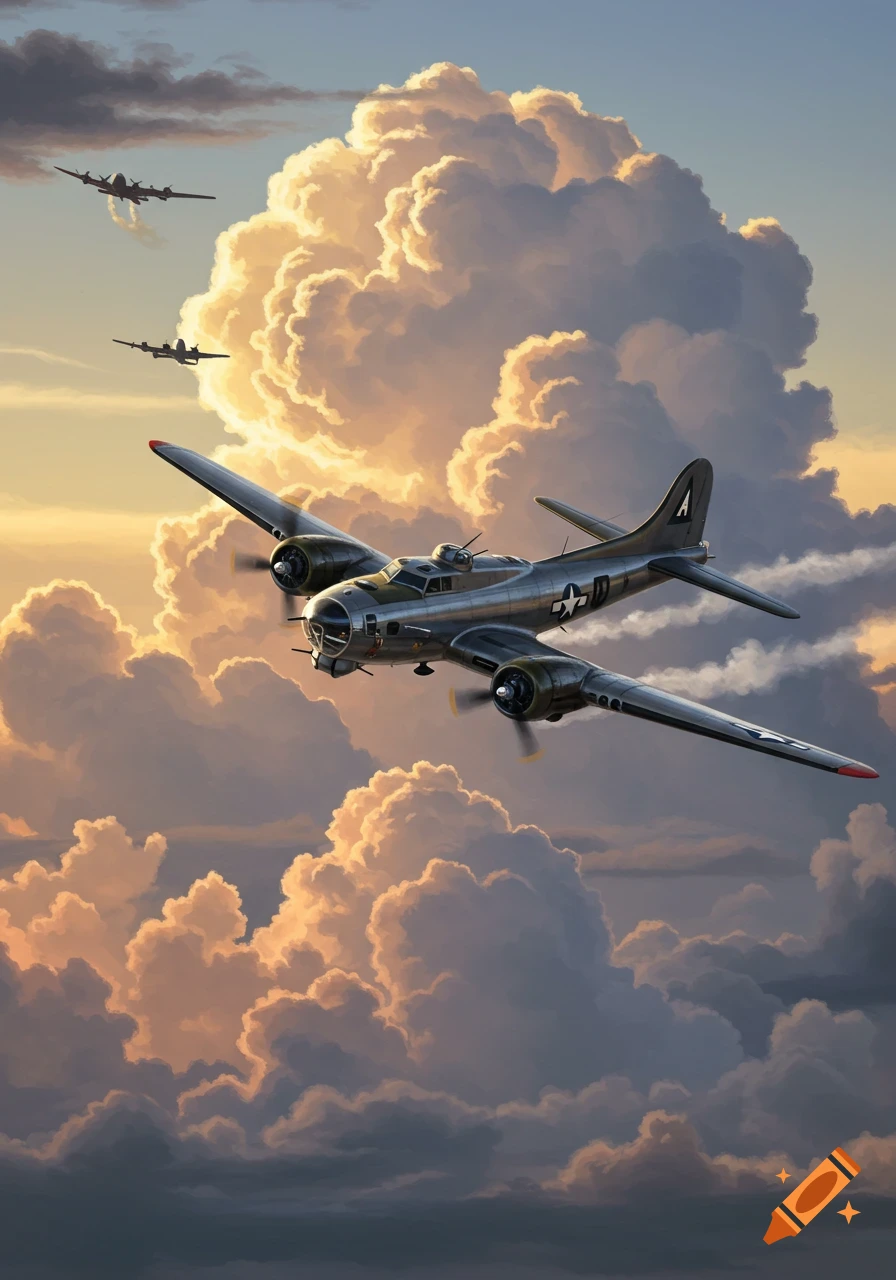 Illustration of a B-17 bomber flying through dramatic, golden-lit clouds at sunset, with two more bombers in the distance.