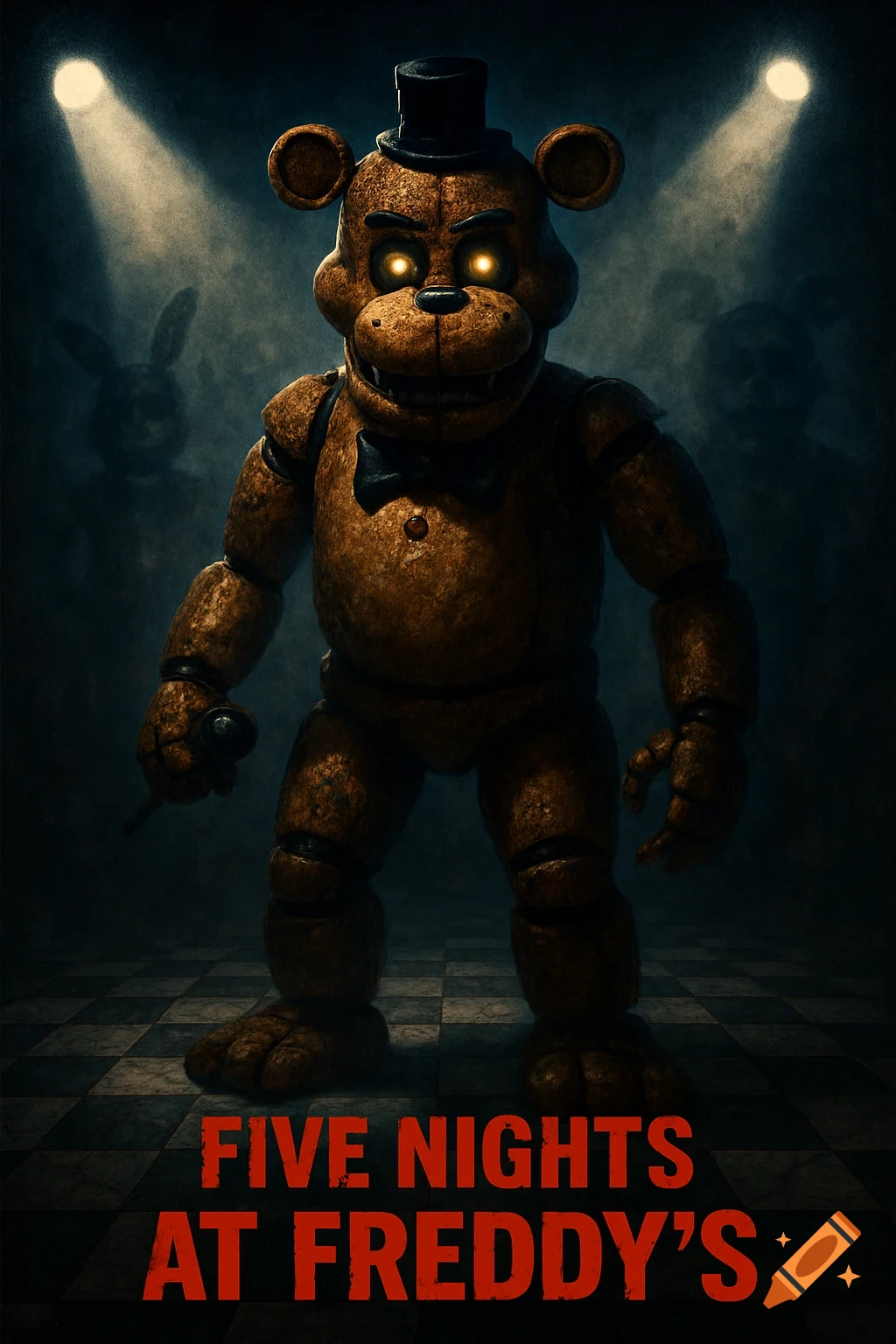 A menacing Freddy Fazbear animatronic in a top hat stands under spotlights with glowing eyes. The title 'FIVE NIGHTS AT FREDDY'S' is at the bottom.