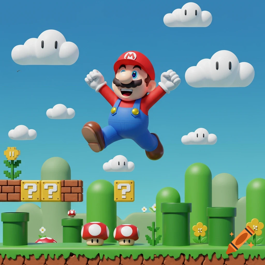 A 3D render of Mario jumping high above a vibrant Super Mario Bros. level with green hills, question mark blocks, and clouds.