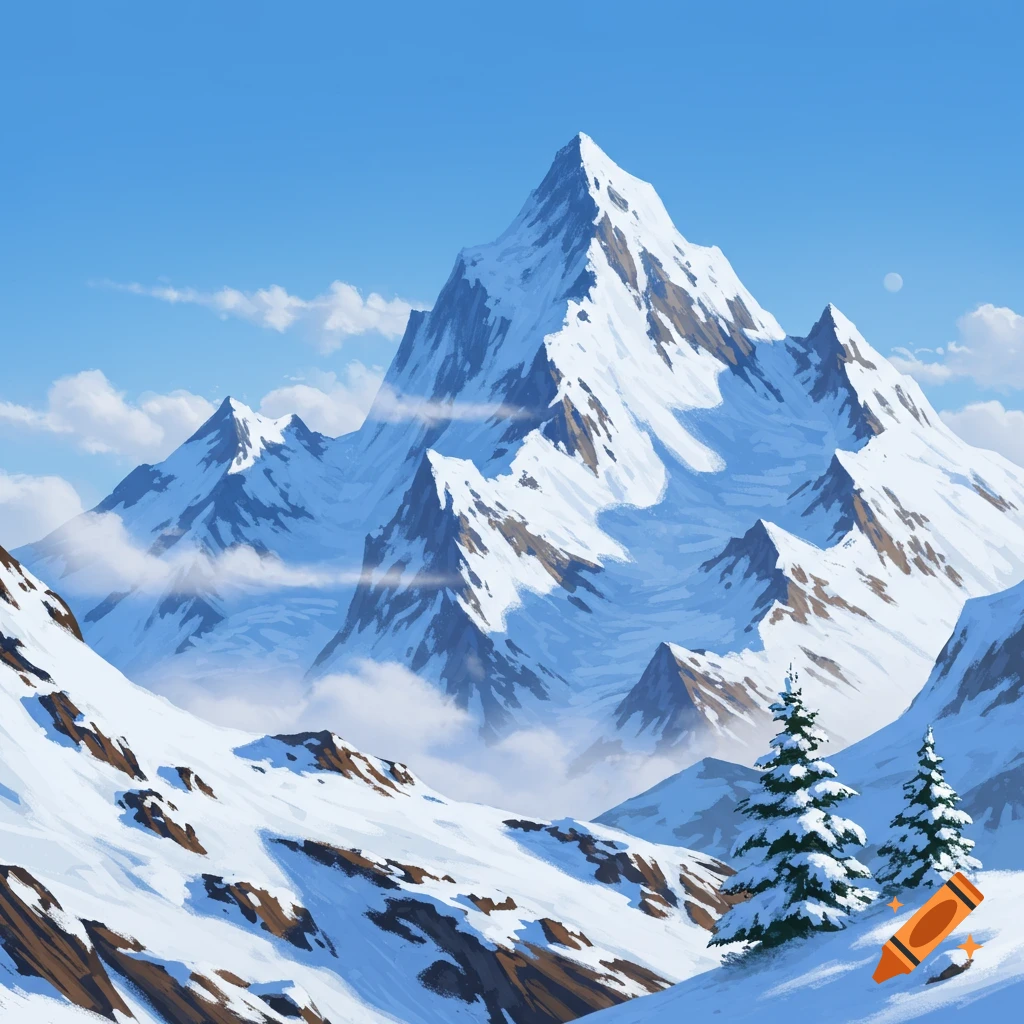 A serene painting of snow-capped mountains under a clear blue sky with a few clouds and scattered pine trees.