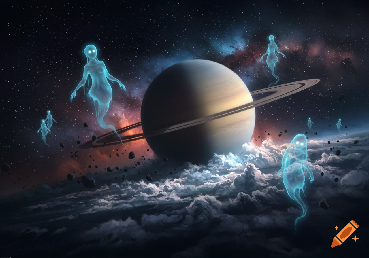 Glowing blue spirits float around Saturn in a vibrant space scene with nebulae and asteroids.