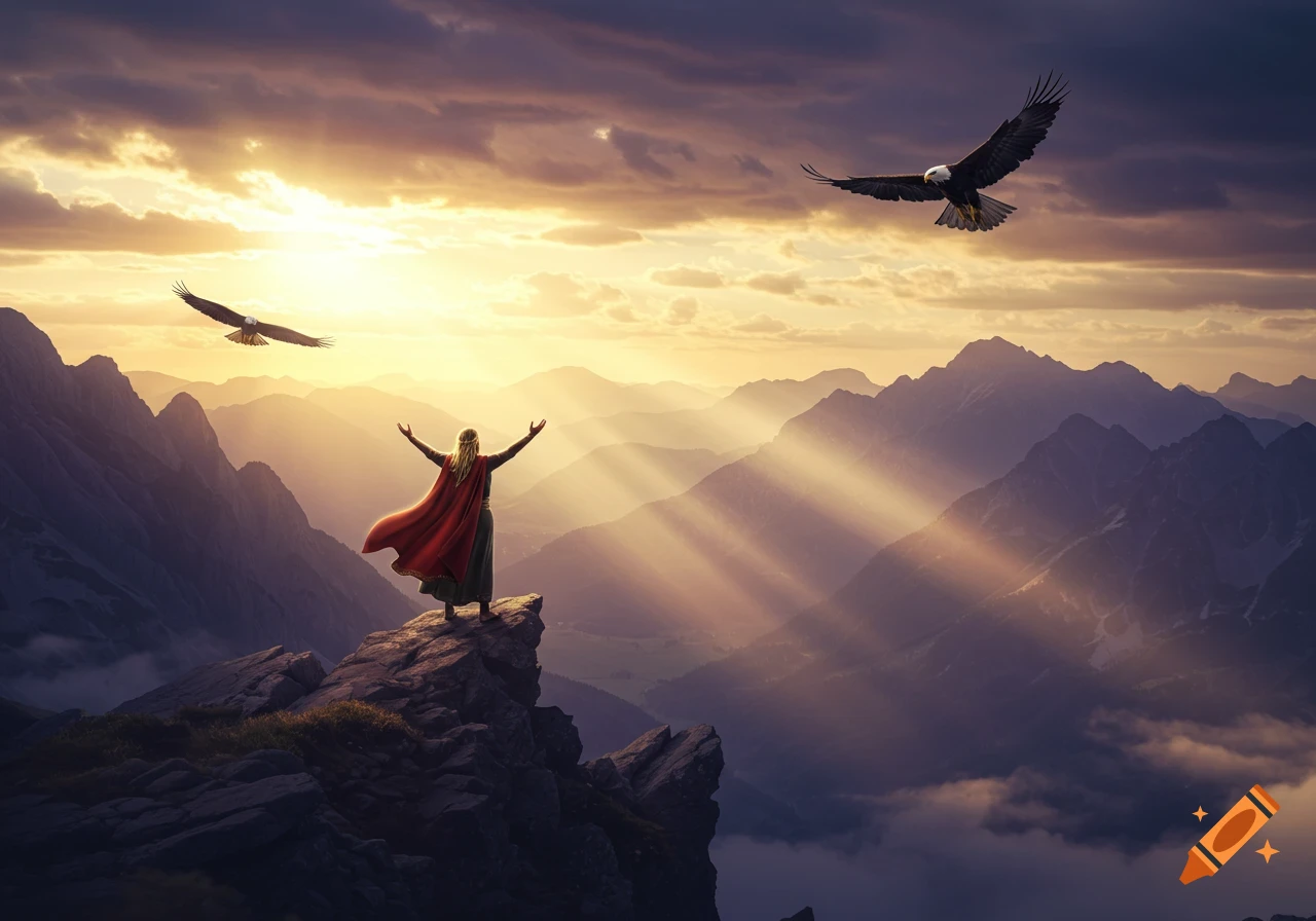 A person in a red cape stands on a mountain peak with arms outstretched, watching the sunrise over a vast mountain range with eagles flying overhead. Photorealistic style.