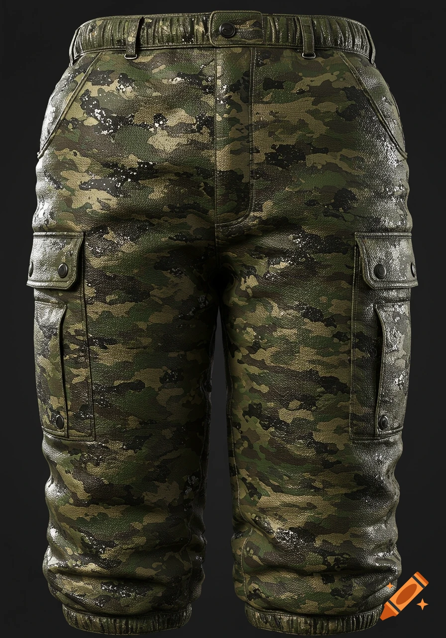 A pair of green and brown camouflage cargo pants with a bumpy, textured surface and prominent pockets.