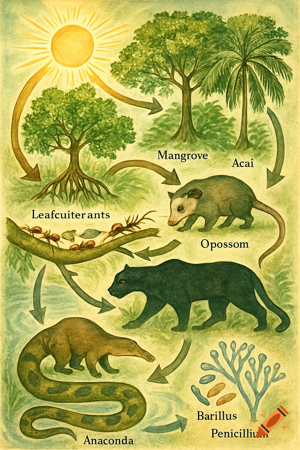 An illustrated ecological food web diagram with sunlight, trees, leaf-cutter ants, an opossum, a black panther, an anaconda, and microorganisms, connected by arrows.
