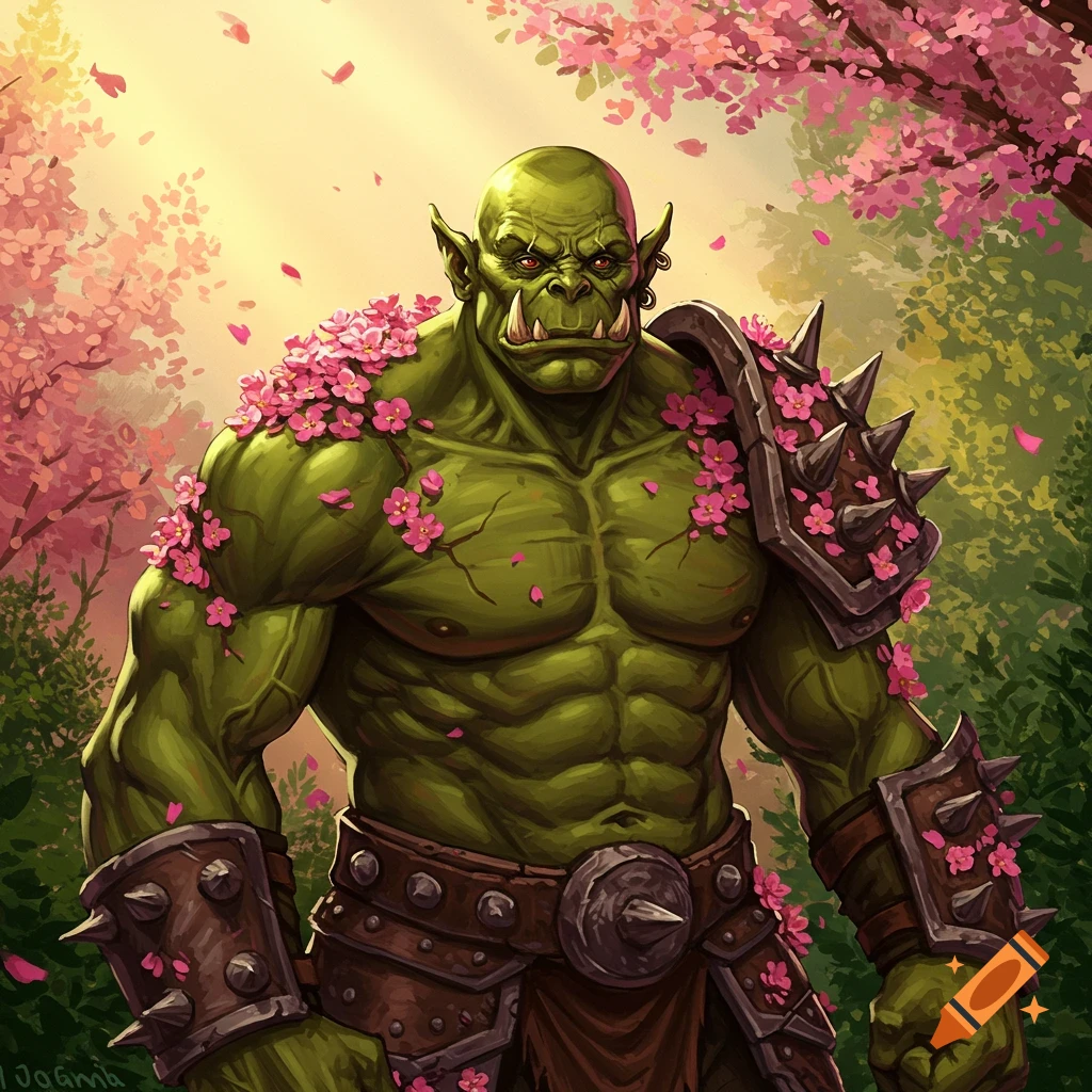 A muscular green orc adorned with pink cherry blossoms and armor stands in a sunlit fantasy forest.