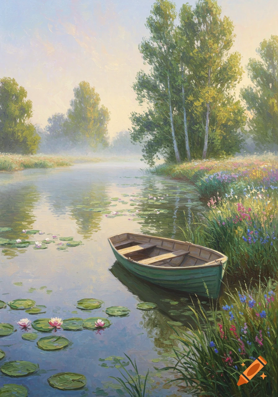 An impressionist painting of a green rowboat on a misty river with water lilies, trees, and wildflowers on the bank.
