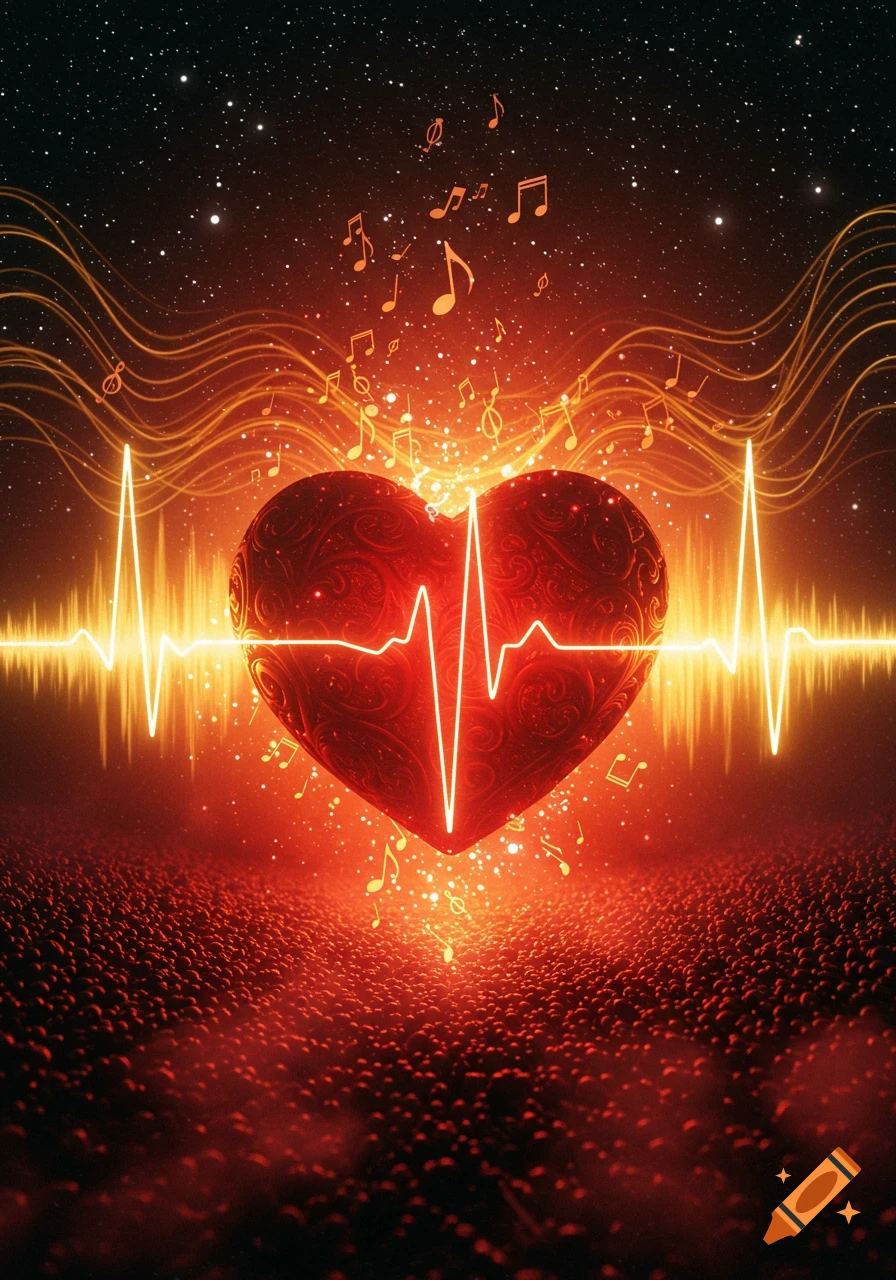 A glowing red heart with an ECG line, surrounded by floating musical notes and abstract light waves against a starry background.