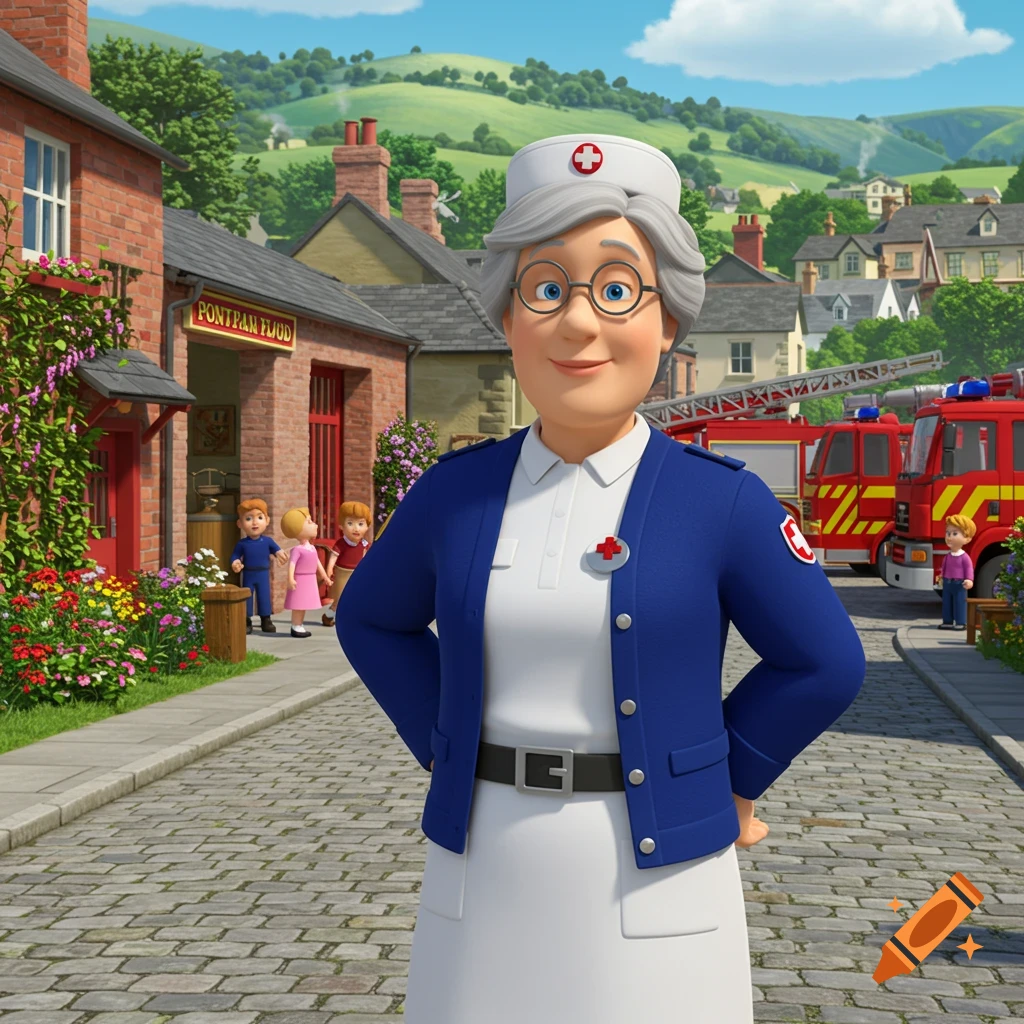 A smiling 3D animated nurse with grey hair and glasses stands in a village street with fire trucks behind her.