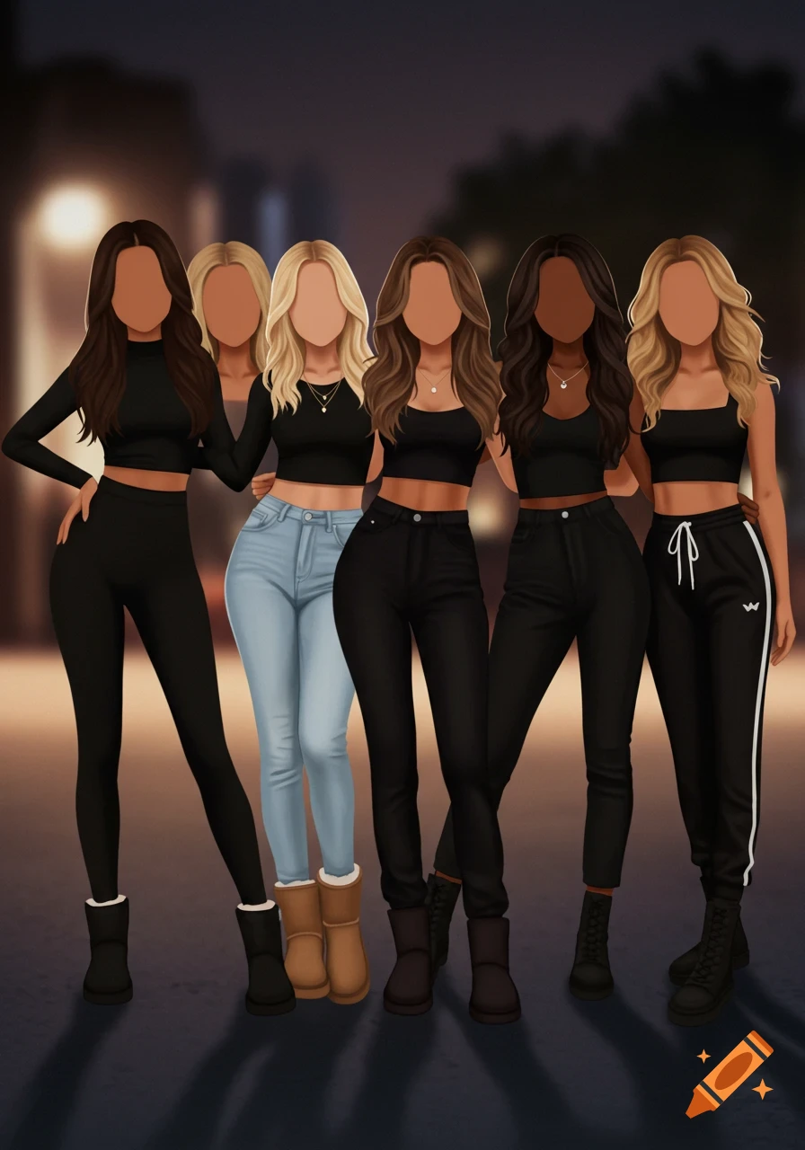 Five animated girls with long hair and faceless features stand together on a street at night, dressed in black crop tops, jeans, and track pants.