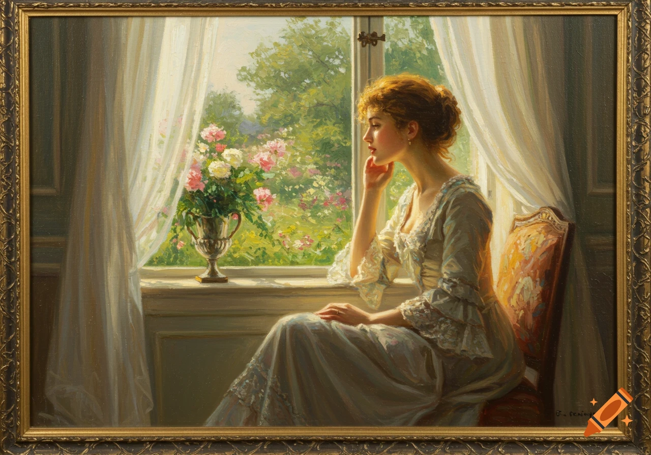 An oil painting of a woman in a white dress sitting by a window, looking out at a lush garden with pink and white roses.