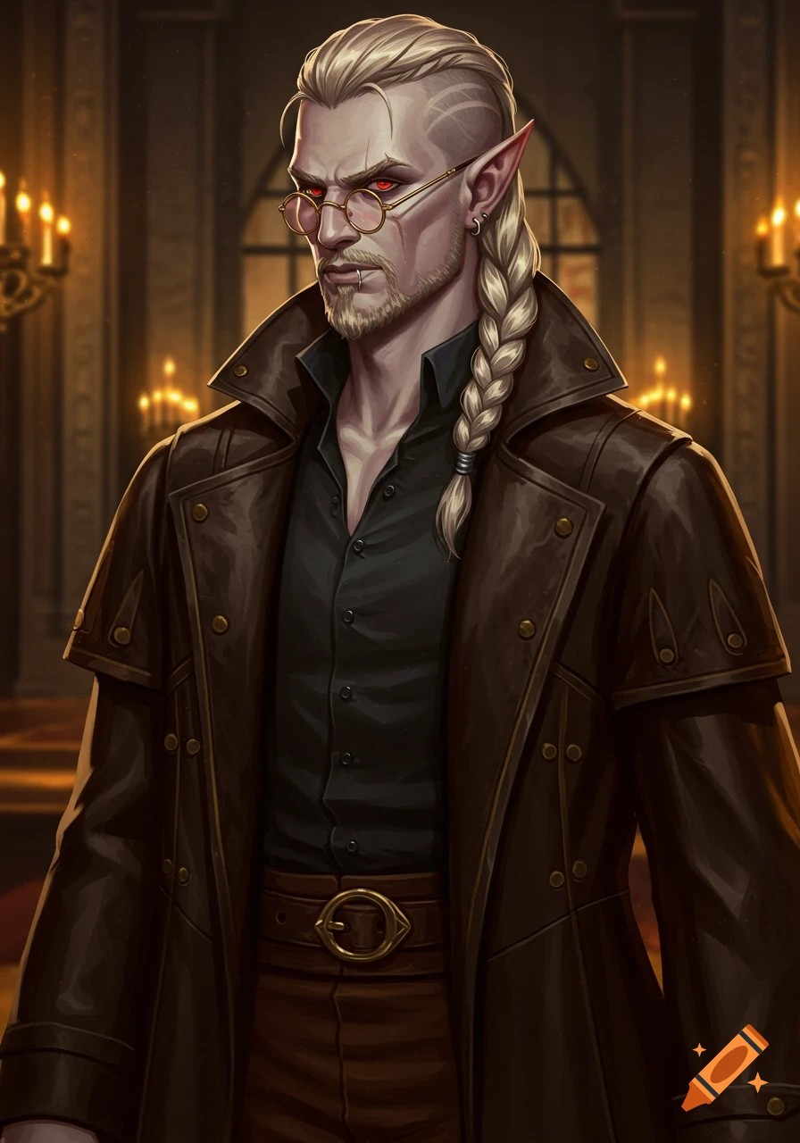 A confident male dhampir with blond Viking braid, red eyes, and round glasses, wearing a dark brown trench coat, in a dim room.