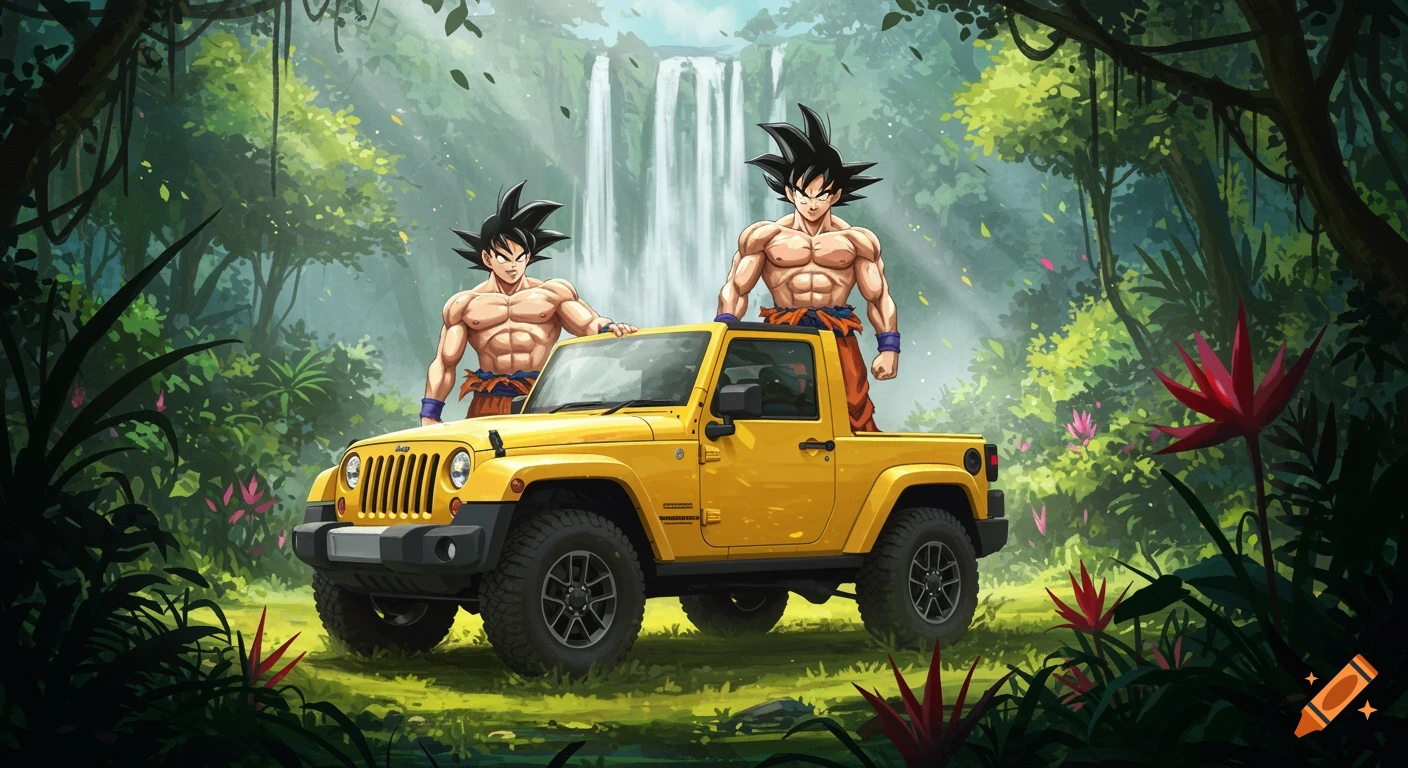 Two muscular Goku-like characters stand beside a yellow Jeep Wrangler in a lush rainforest with waterfalls in a vibrant anime watercolor style.