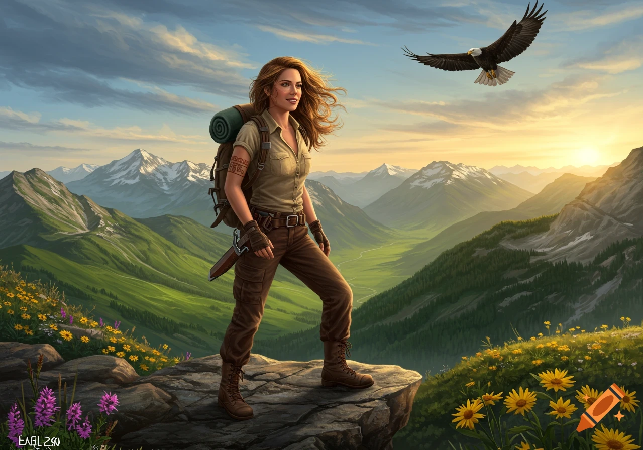 A woman hiker stands on a rocky mountain peak overlooking a lush valley, with an eagle flying overhead, digital art.
