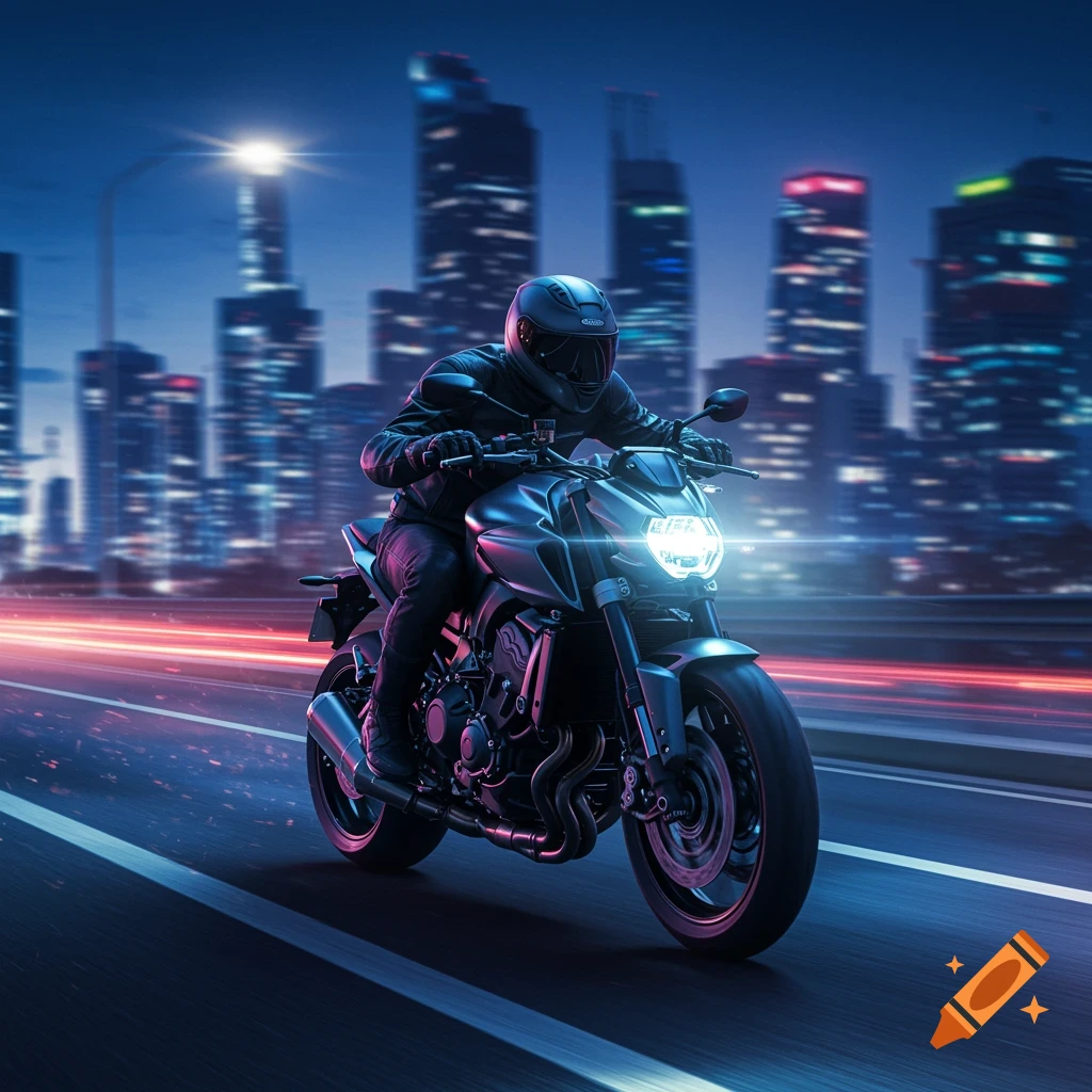 A photorealistic image of a person on a motorcycle speeding through a city at night, with blurred neon lights.