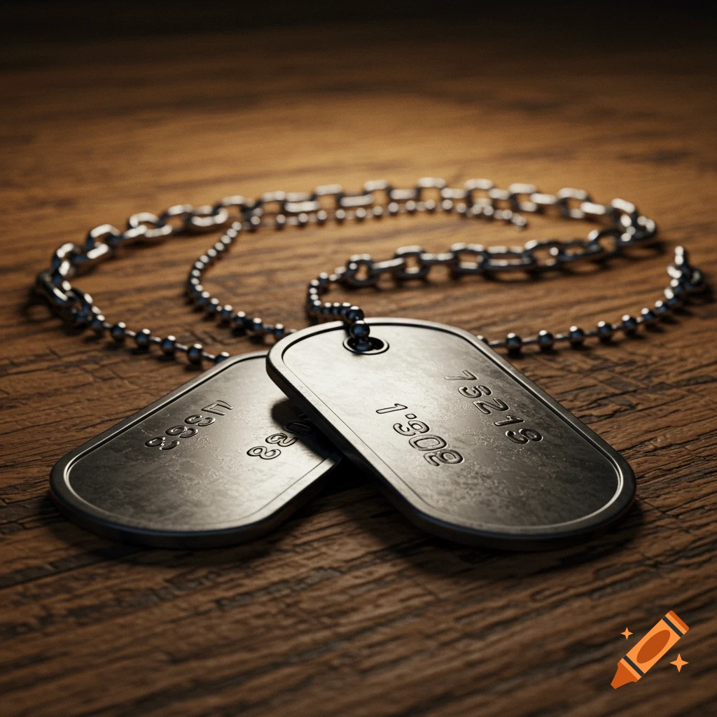 Close-up of two metallic dog tags and a chain resting on a wooden surface.