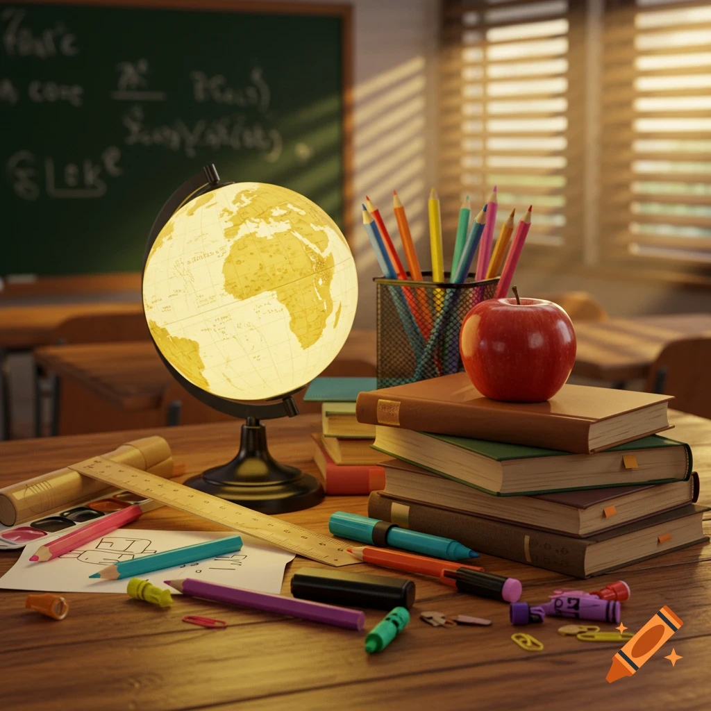 A sunlit classroom desk with a glowing globe, an apple on books, colorful pencils, markers, and a ruler, against a blackboard.
