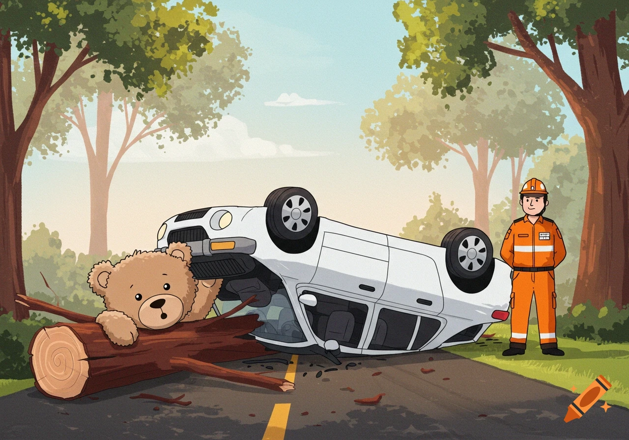 A cartoon teddy bear is trapped under an overturned white car after hitting a log, while a rescue worker in an orange uniform stands nearby on a road with trees.