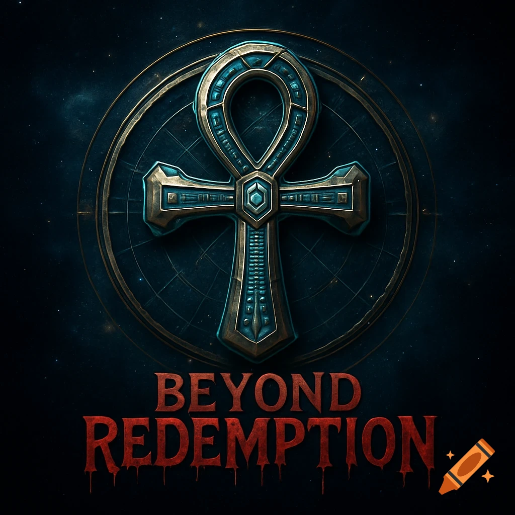 A metallic blue and gold Egyptian ankh symbol centered over a dark, starry background, with the red, dripping text 'BEYOND REDEMPTION' below.